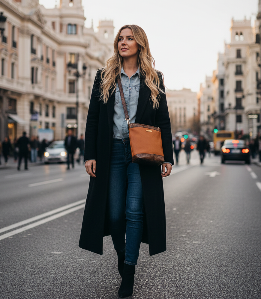 Bolso ADuany marrón de mujer, diseñado con dos tipos de piel vegana utilizándolo una modelo