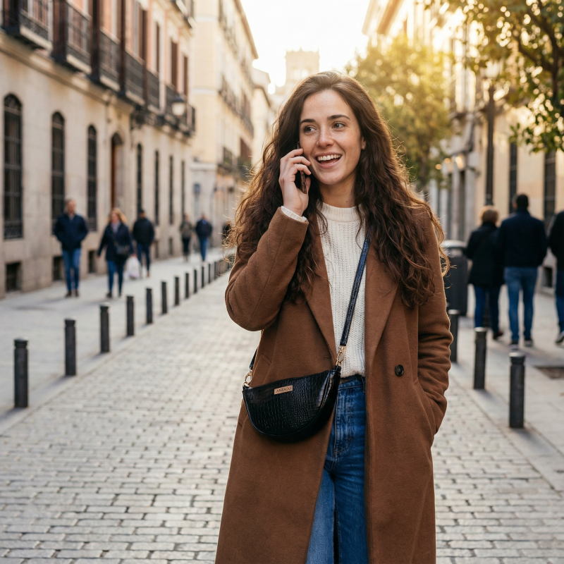 Bandolera Baney, usandola una modelo, piel vegana, color negro, muy práctico.