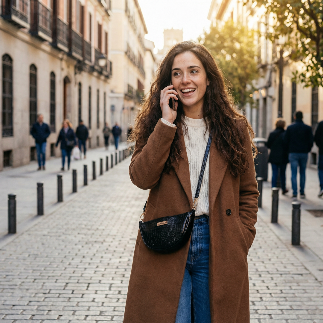 Bandolera Baney, usandola una modelo, piel vegana, color negro, muy práctico.