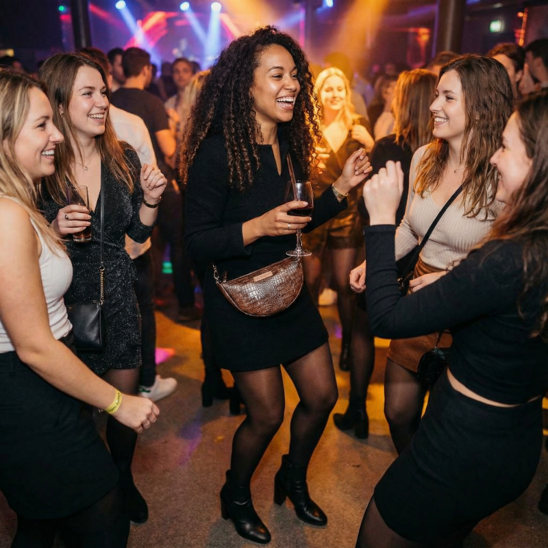 Bandolera Baney, usándola una modelo, piel vegana, color marrón, muy práctico.