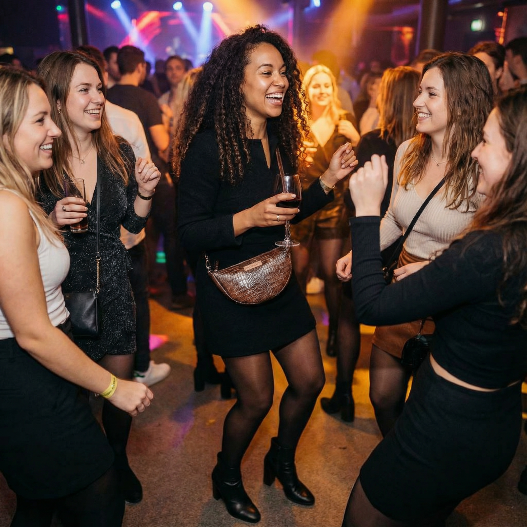 Bandolera Baney, usándola una modelo, piel vegana, color marrón, muy práctico.